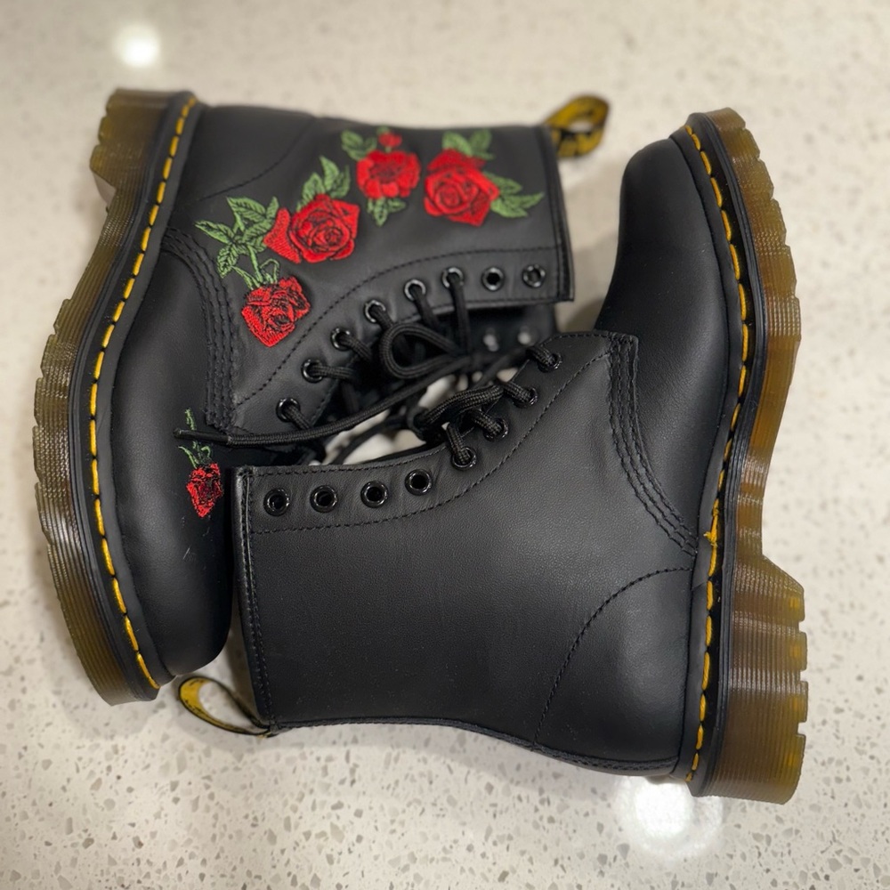 Black Boots with Red Rose Embroidery